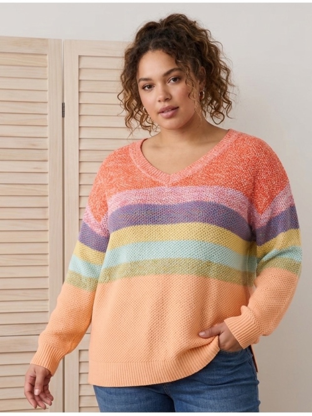 Kian D Long Sleeve Colorful Striped V-Neck Sweater Size 2x